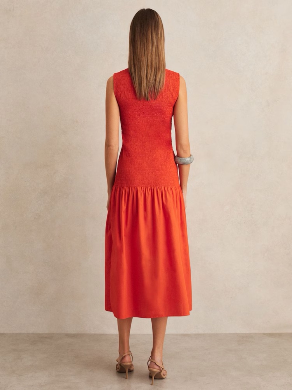 Reiss Annabel Smocked Drop Waist Cotton Bright Red Sleeveless Midi Dress - Picture 5 of 9